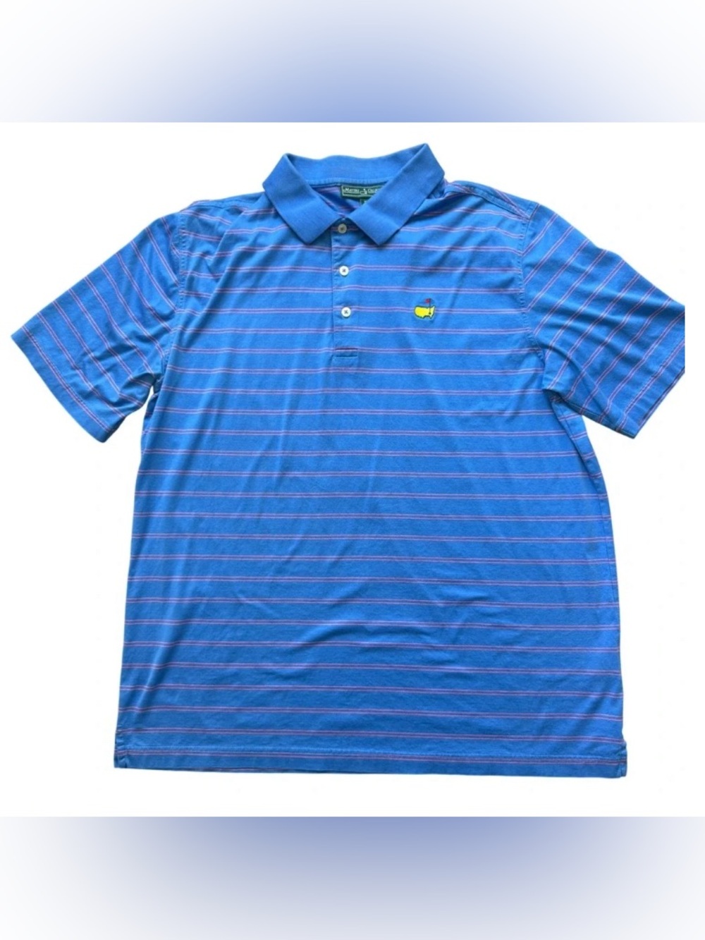 Masters Blue Polo with Pink Stripes and Yellow Green Logo